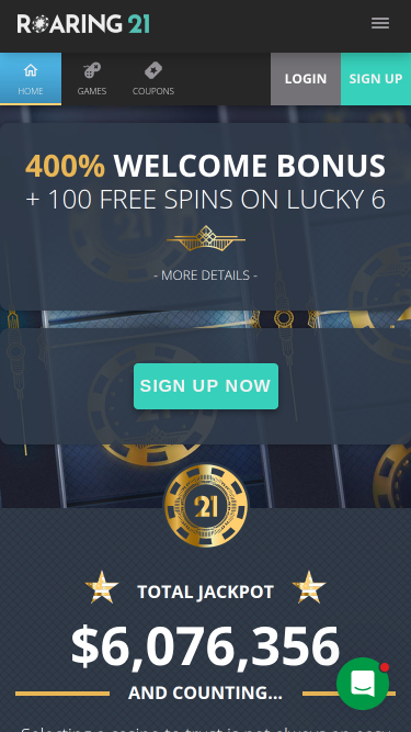Roaring 21 Casino Mobile Homepage