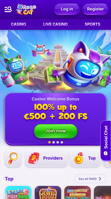 Robocat Casino Mobile Homepage