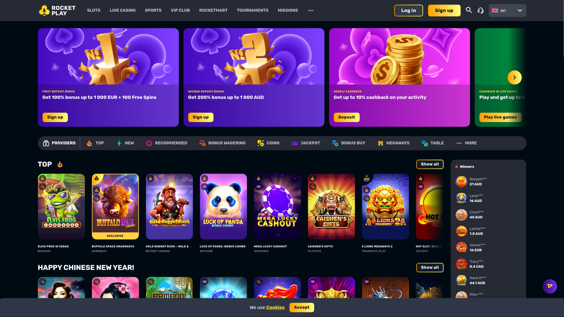 RocketPlay Casino Desktop Homepage