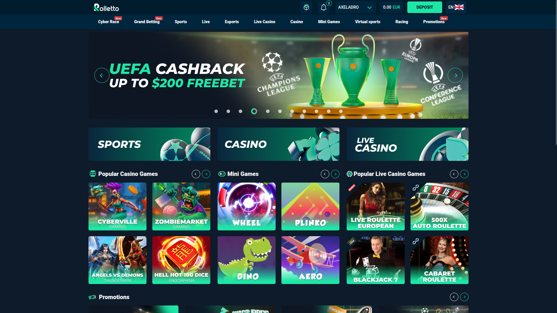 Rolletto Casino Desktop Homepage