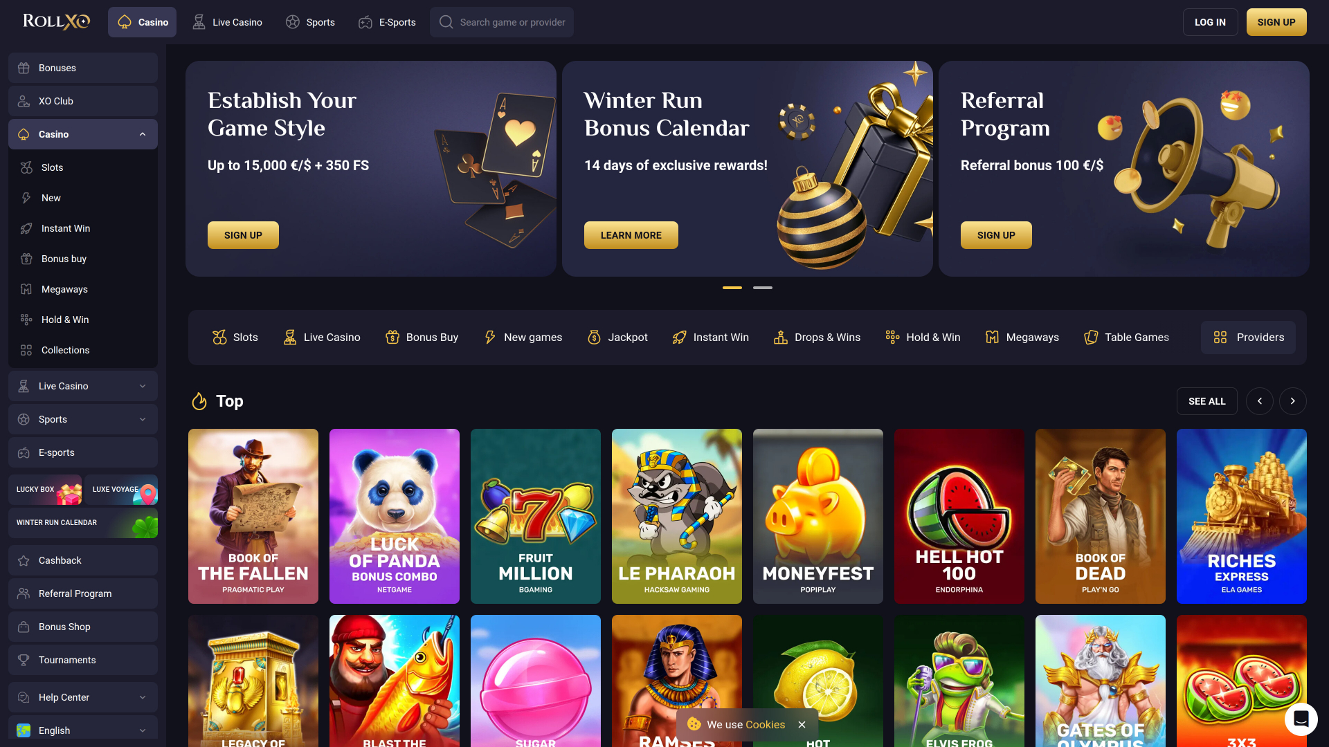 Rollxo Casino Desktop Homepage
