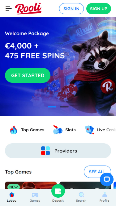 Rooli Casino Mobile Homepage