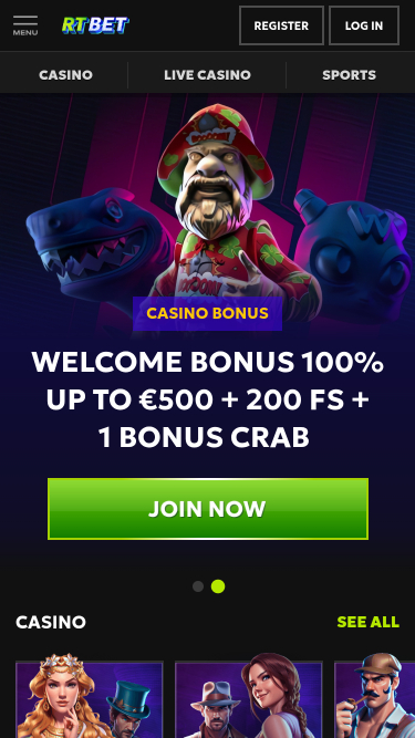 RTbet Casino Mobile Homepage