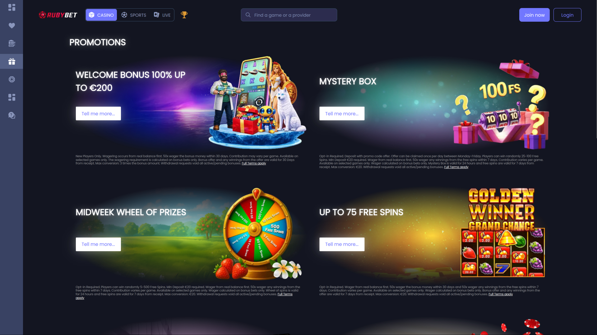Ruby Bet Casino Desktop Promotions