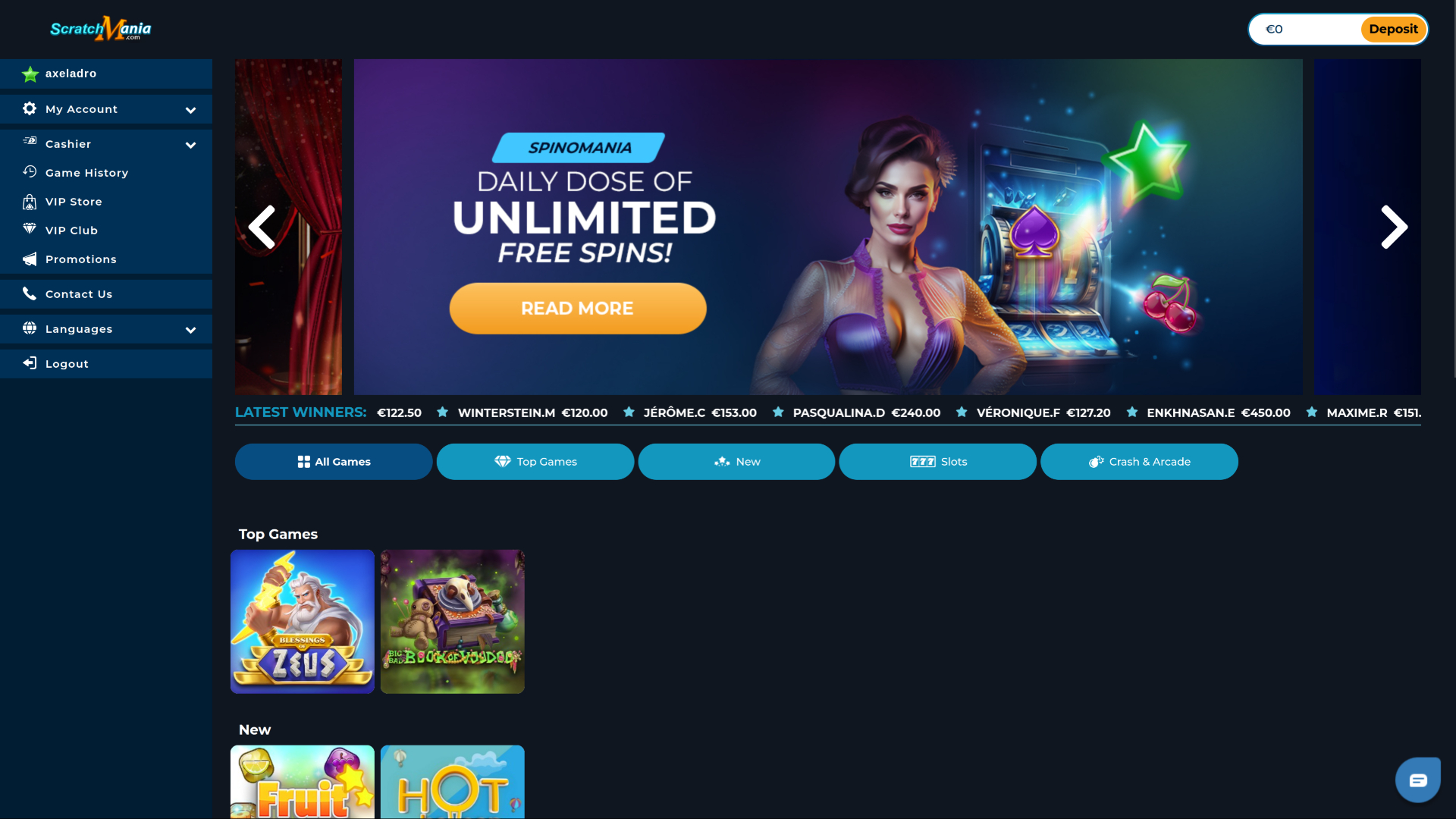ScratchMania Casino Desktop Homepage