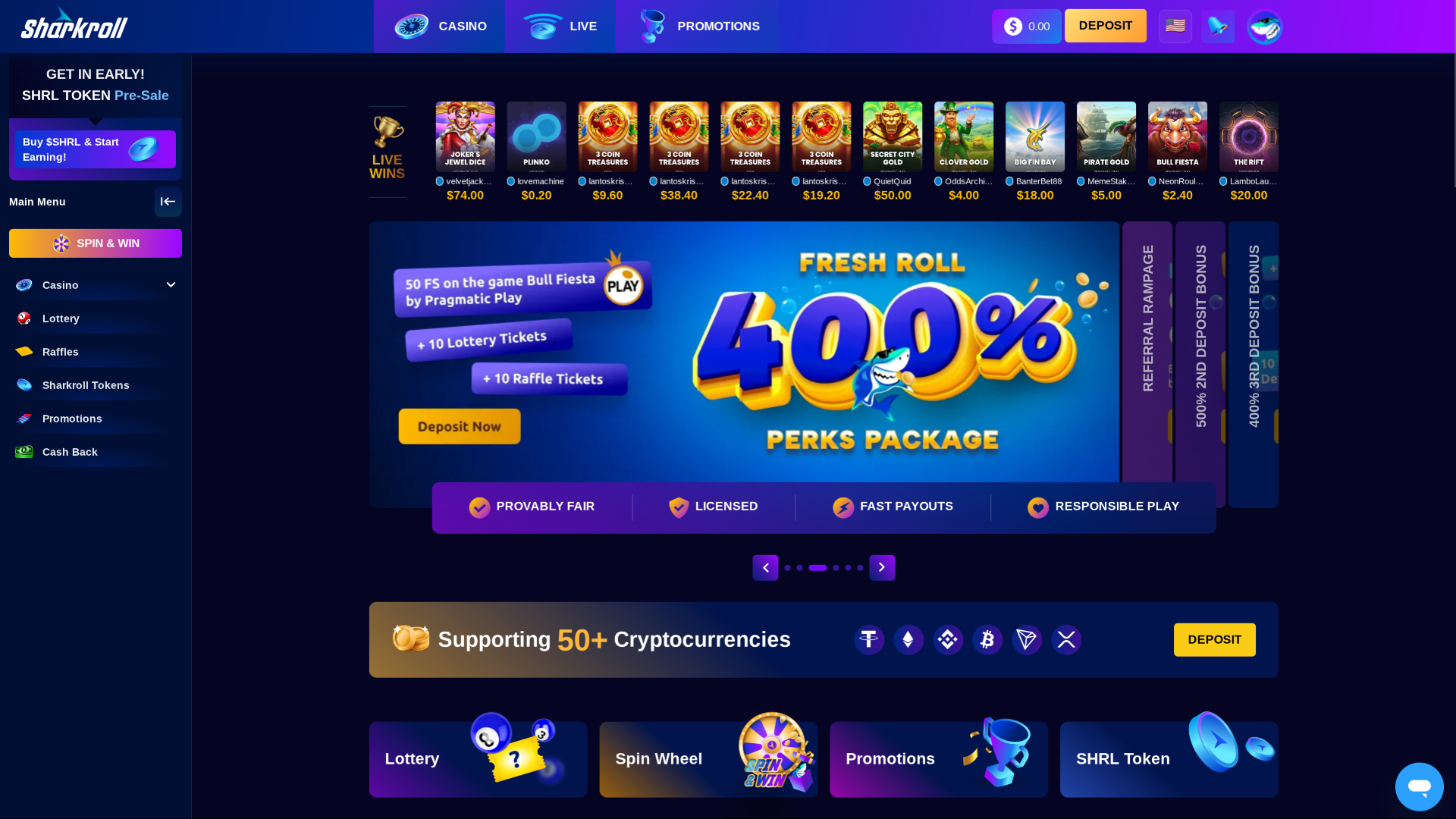 Sharkroll Casino Desktop Homepage