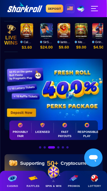 Sharkroll Casino Mobile Homepage