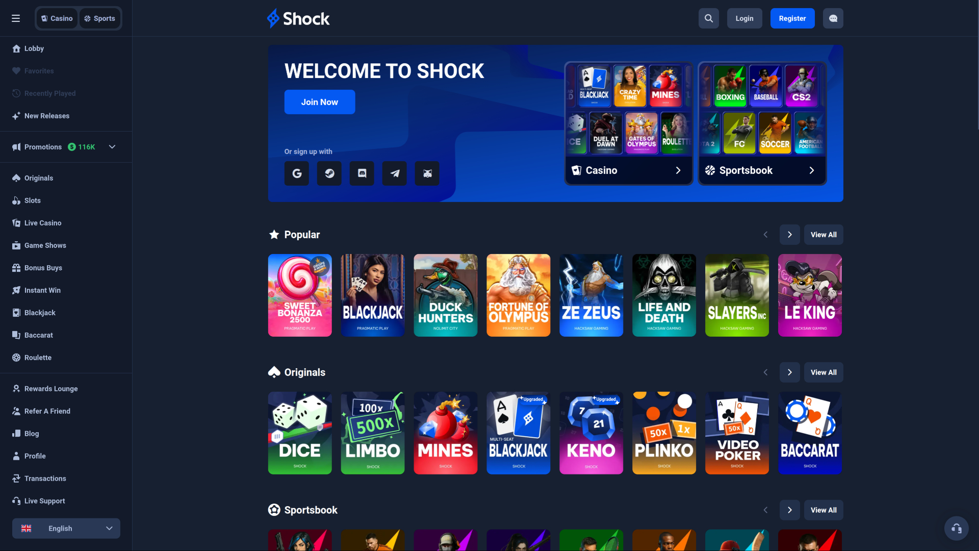 Shock Casino Desktop Homepage