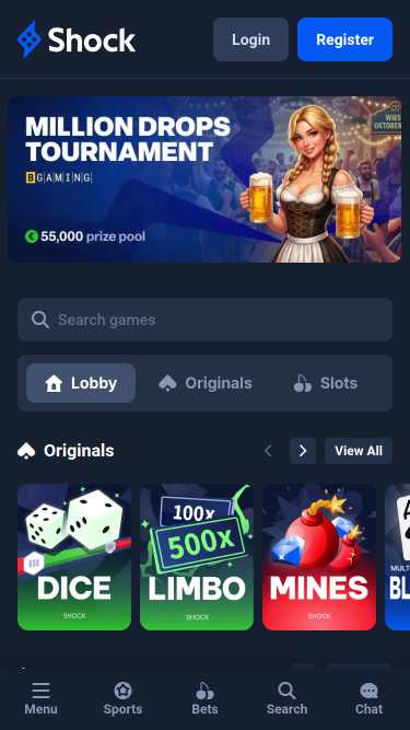 Shock Casino Mobile Homepage