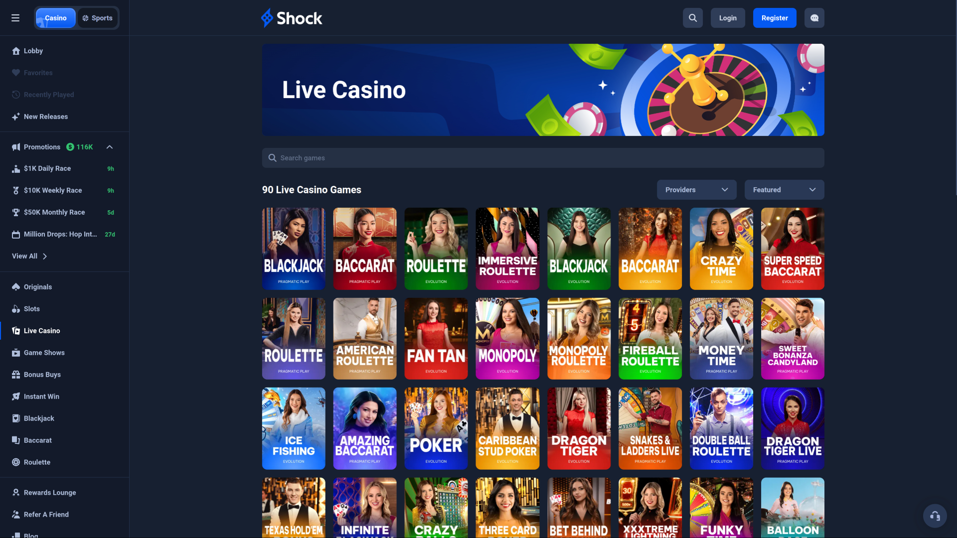 Shock Casino Desktop Live Dealer
