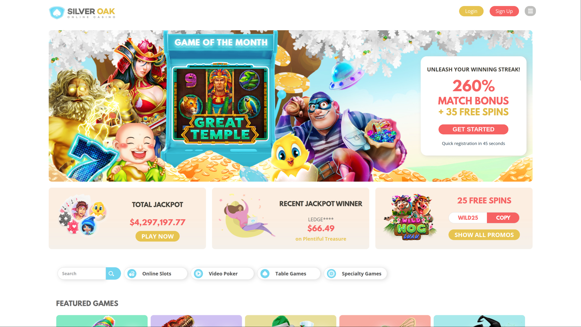 Silver Oak Casino Desktop Homepage