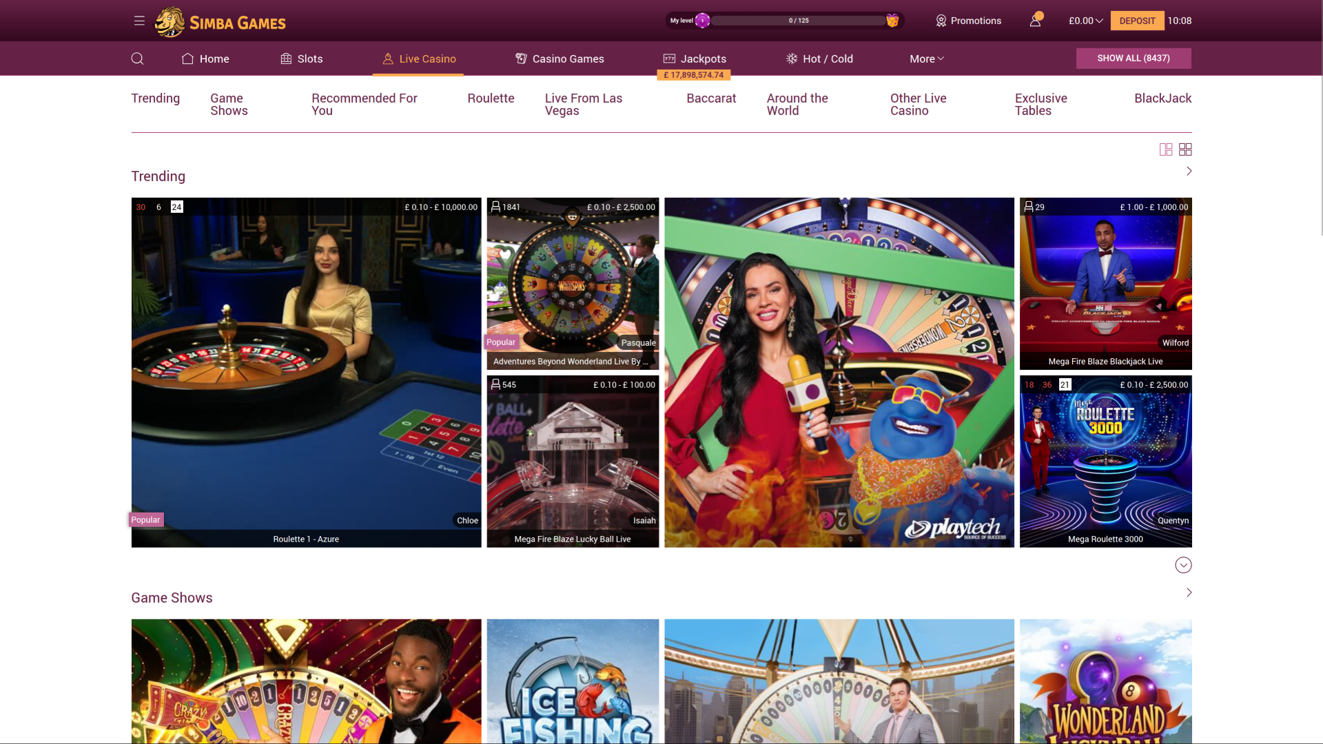Simba Games Casino Desktop Live-Dealer