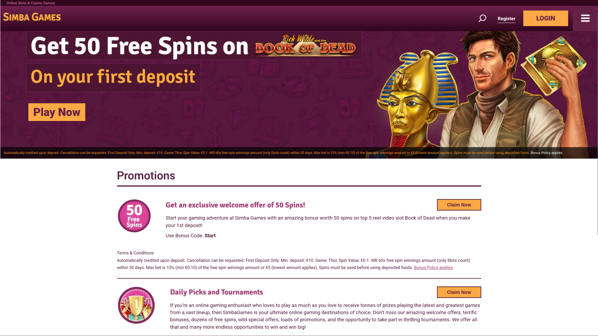 Simba Games Casino Desktop-Aktionen