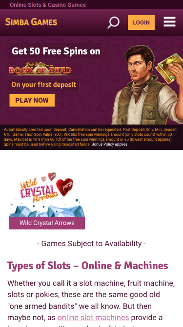 Simba Games Casino Mobile Homepage