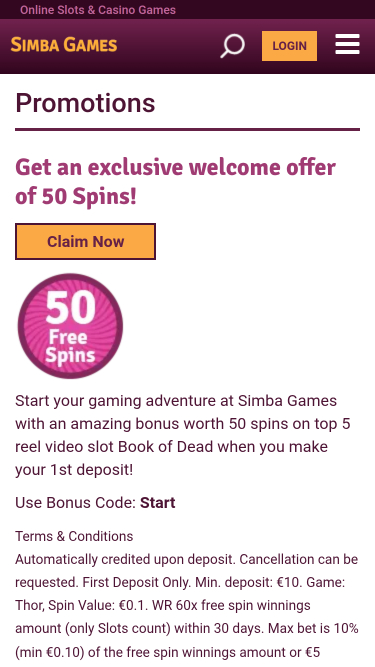 Simba Games Casino Mobile-Aktionen