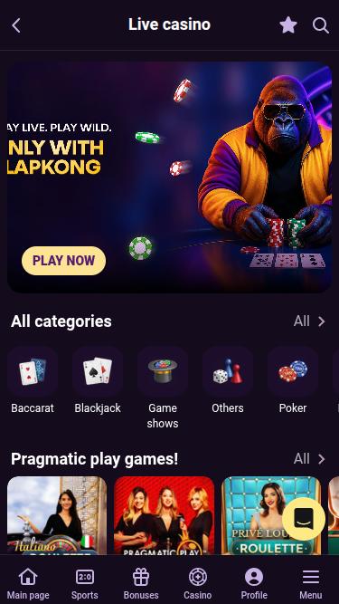 SlapKong Casino Live Dealer Mobile
