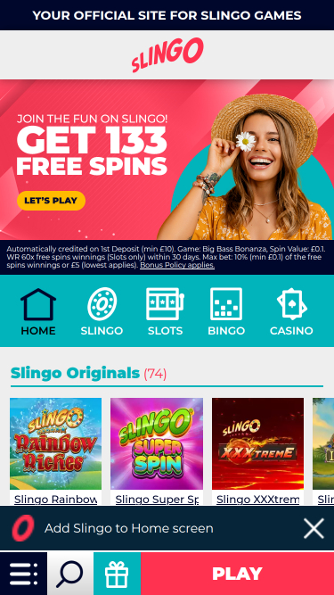 Slingo Casino Mobile Homepage