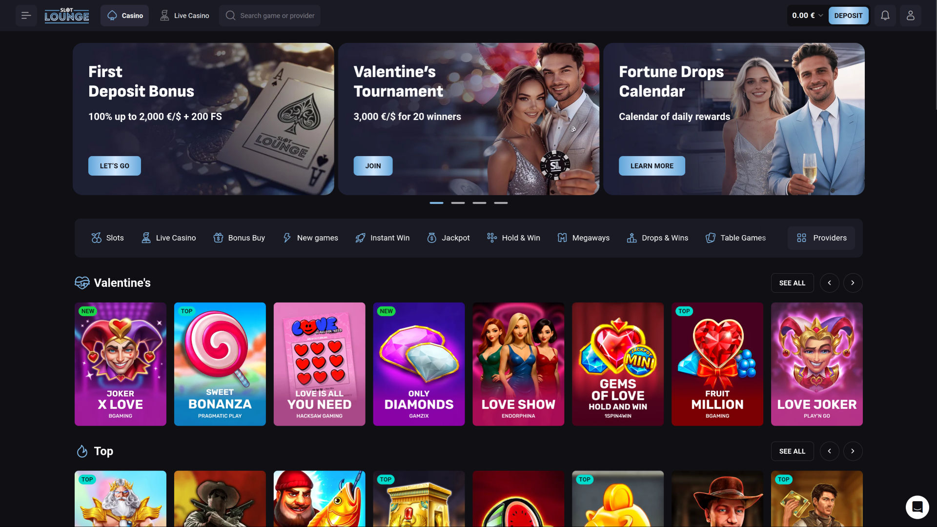 SlotLounge Casino Desktop Homepage