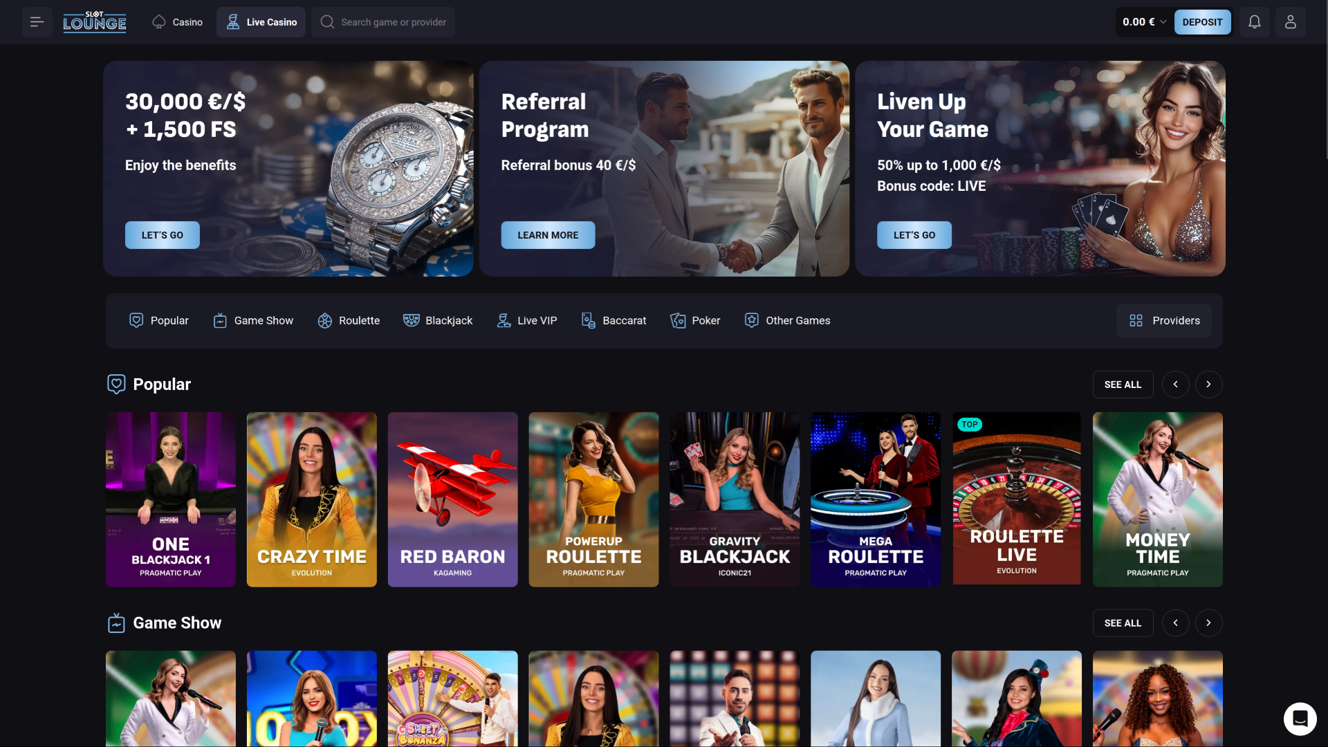 SlotLounge Casino Desktop Live dealer