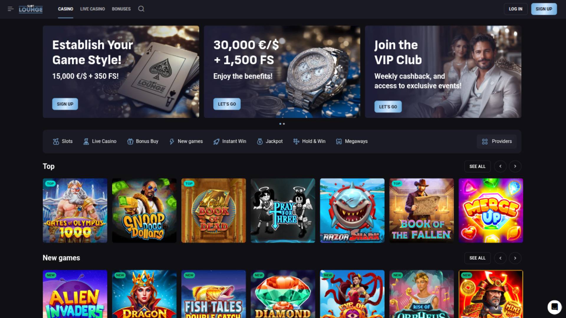 Homepage screenshot of SlotLounge Casino