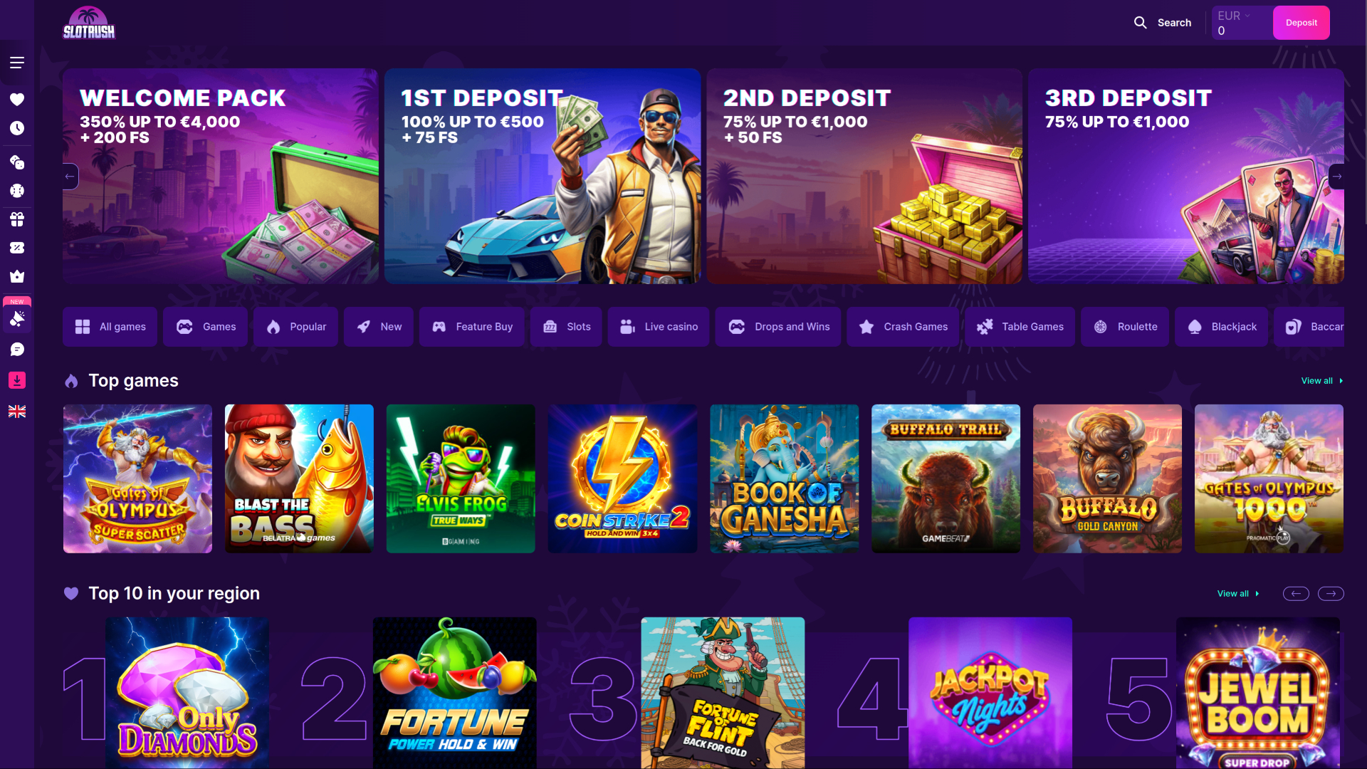 SlotRush Casino Desktop Homepage