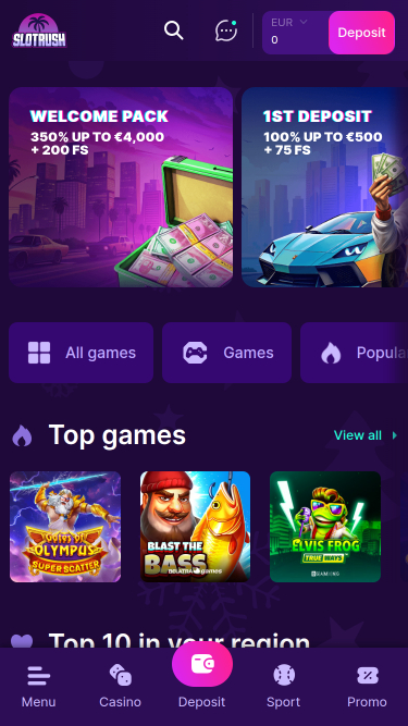 SlotRush Casino Mobile Homepage