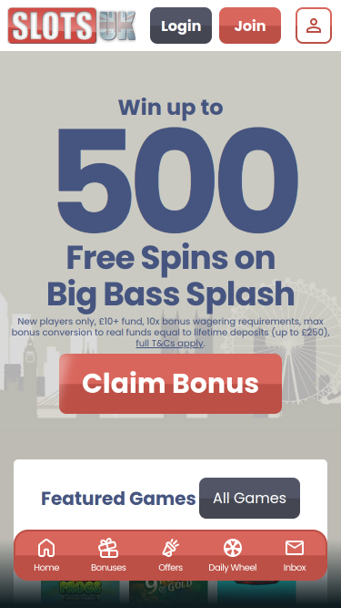 SlotsUK Casino Mobile Homepage