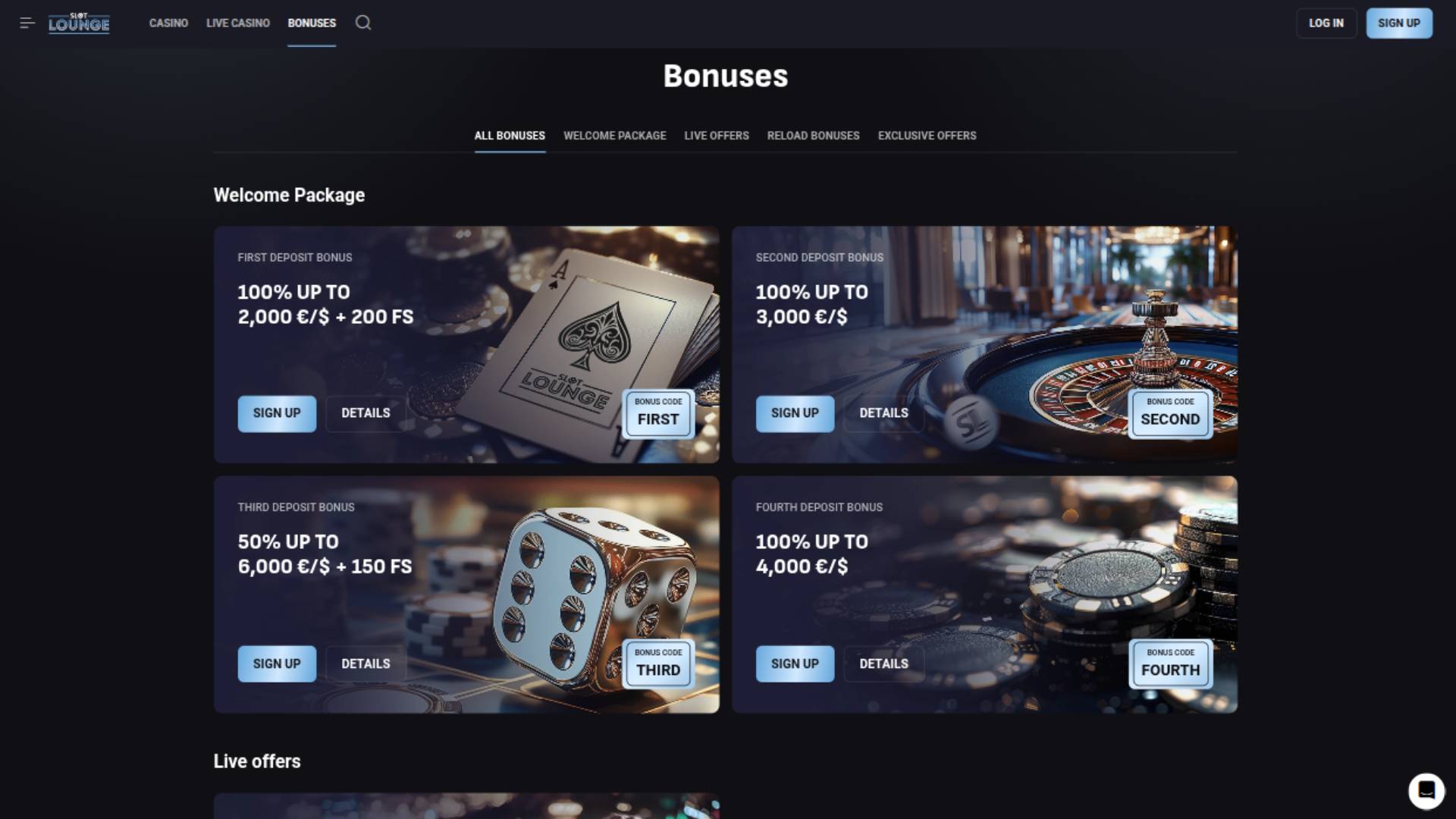 Promotions page screenshot of SlotLounge Casino