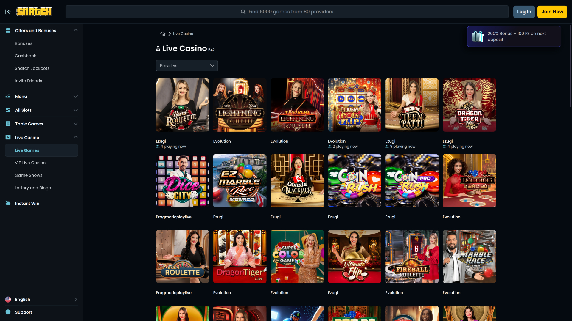 Snatch Casino Desktop Live Dealer