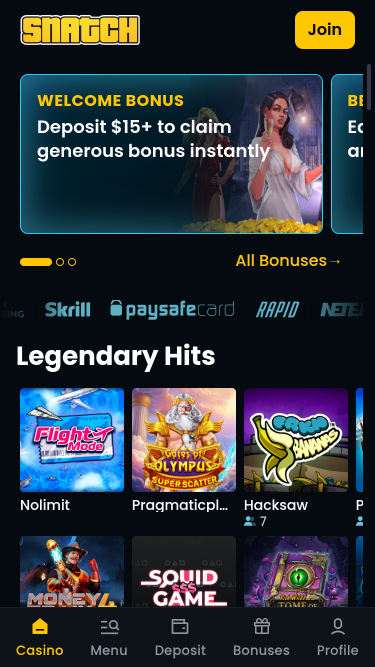 Snatch Casino Mobile Homepage