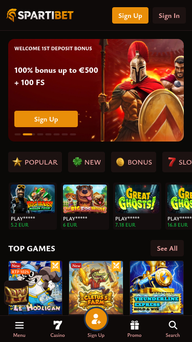 Spartibet Casino Mobile Homepage