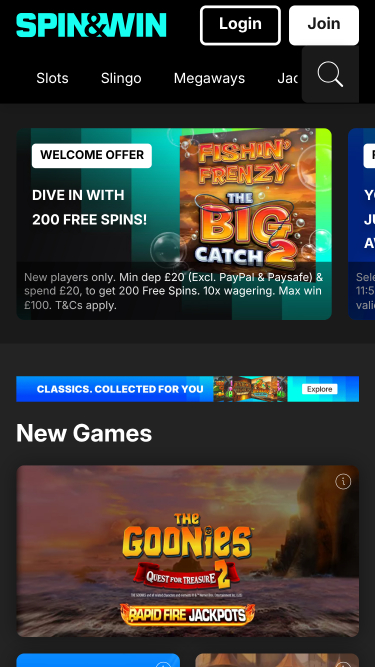 Spin And Win Casino Mobile Homepage