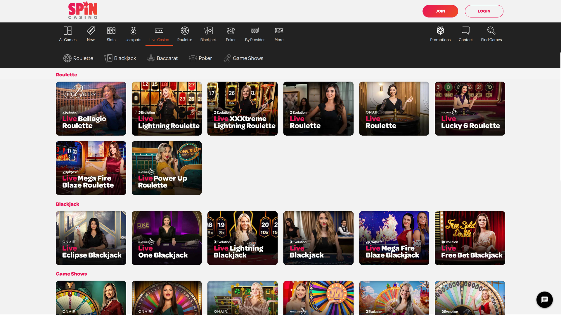 Spin Casino Desktop Live Dealer