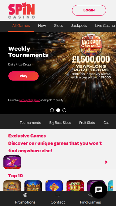 Spin Casino Mobile Homepage