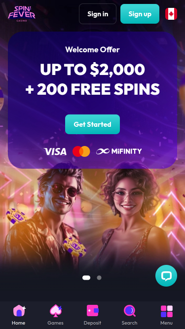 SpinFever Casino Mobile Homepage