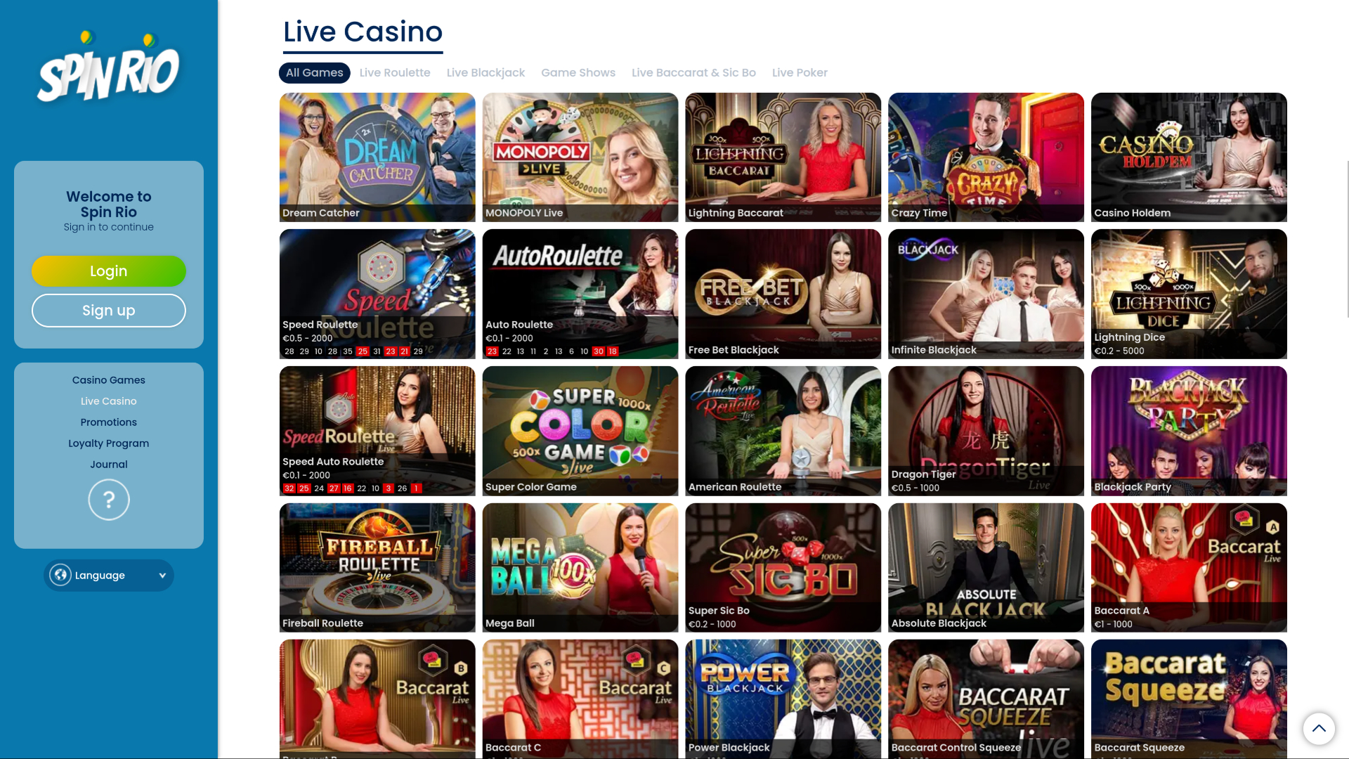 Spin Rio Casino Desktop Live Dealer