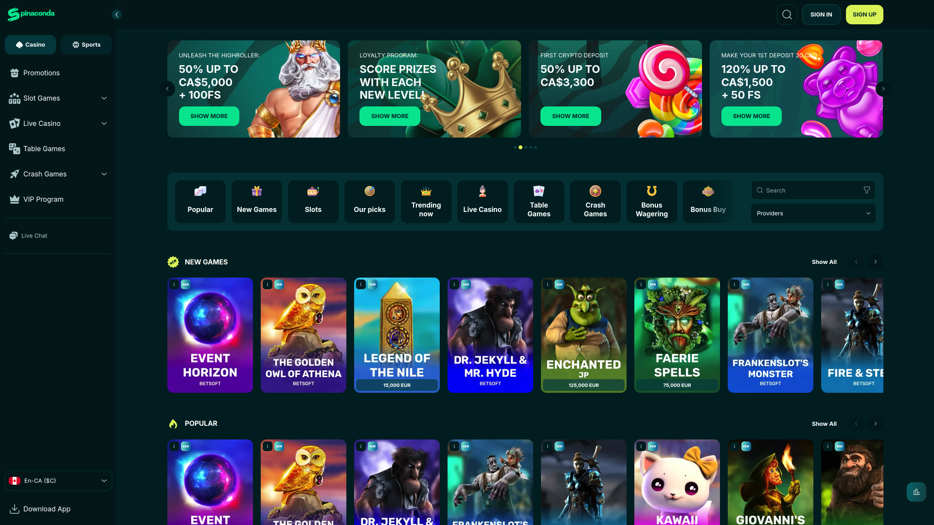 Spinaconda Casino Homepage Desktop