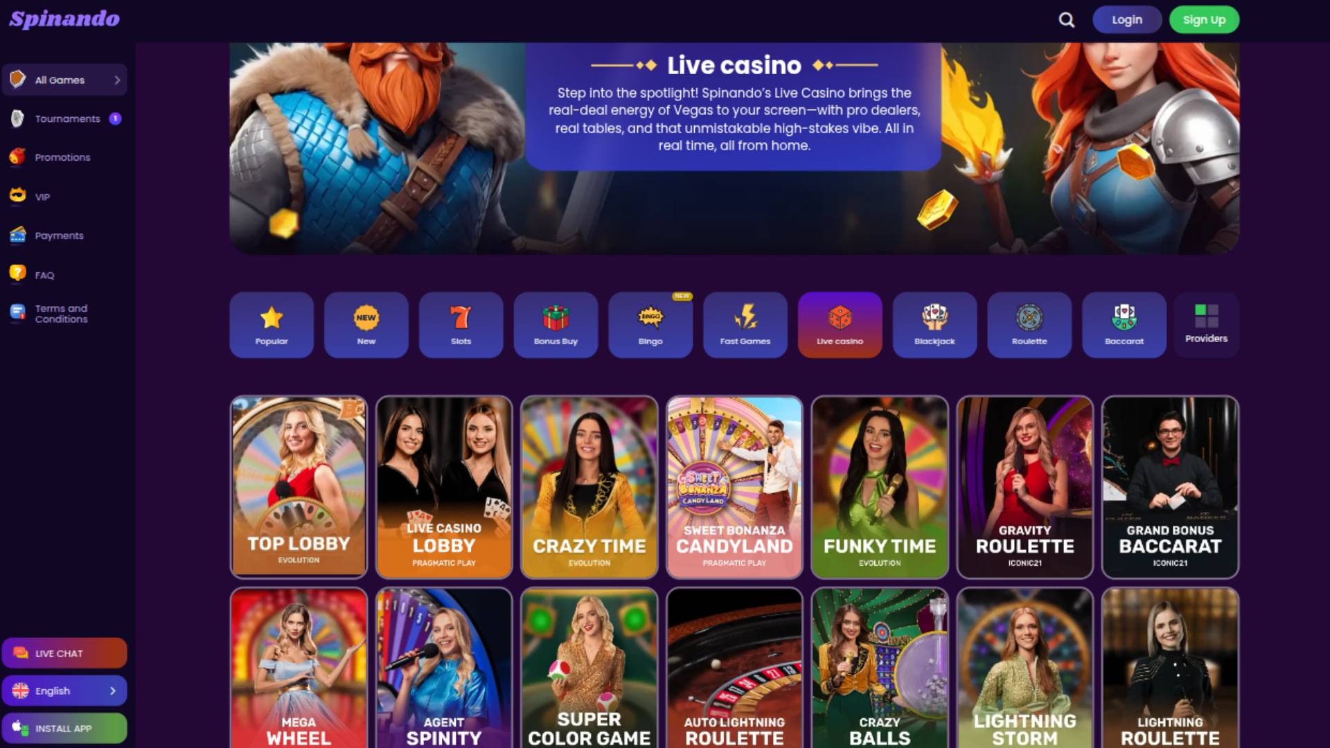 Live page screenshot of Spinando Casino