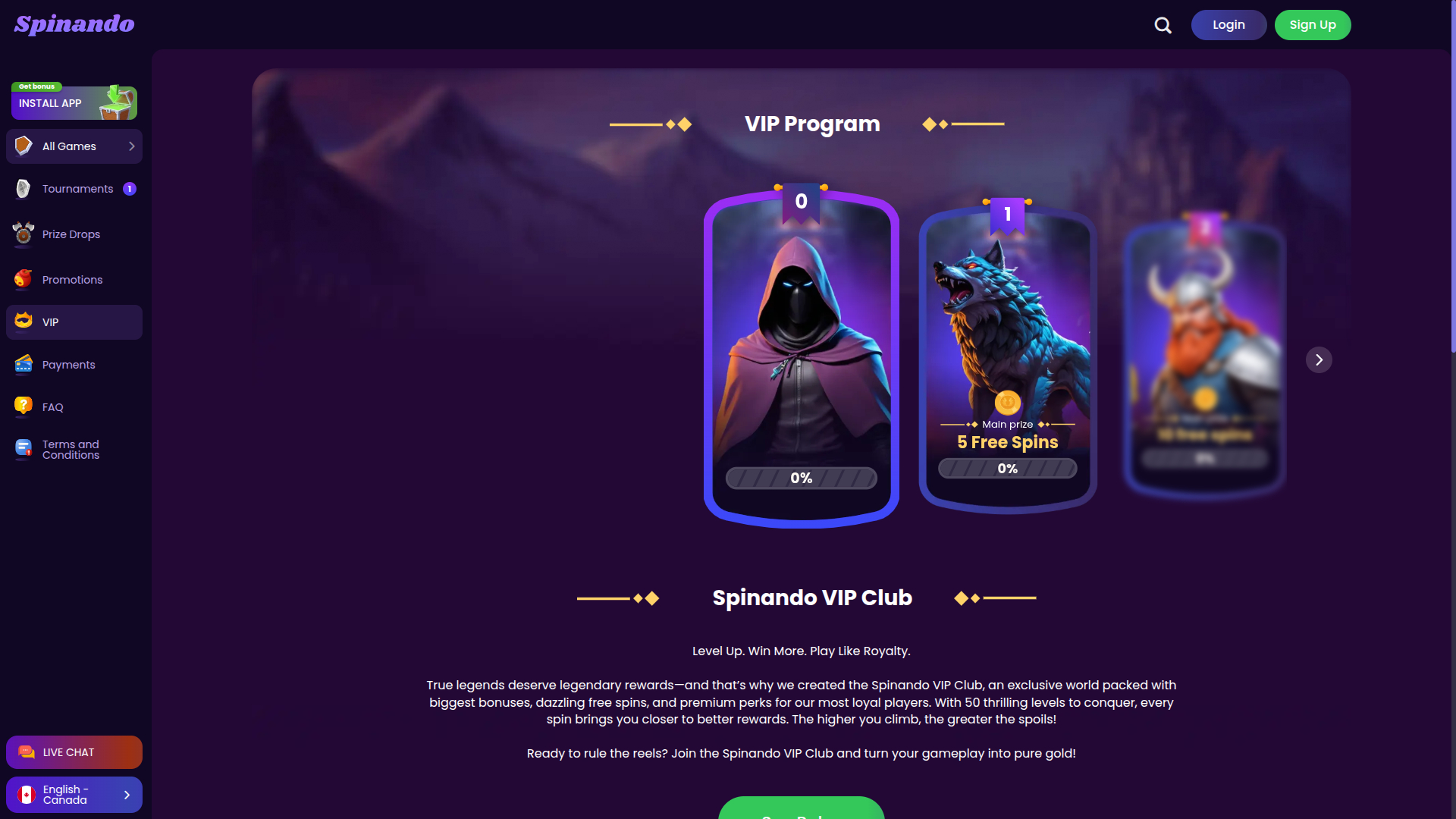 VIP page screenshot of Spinando Casino