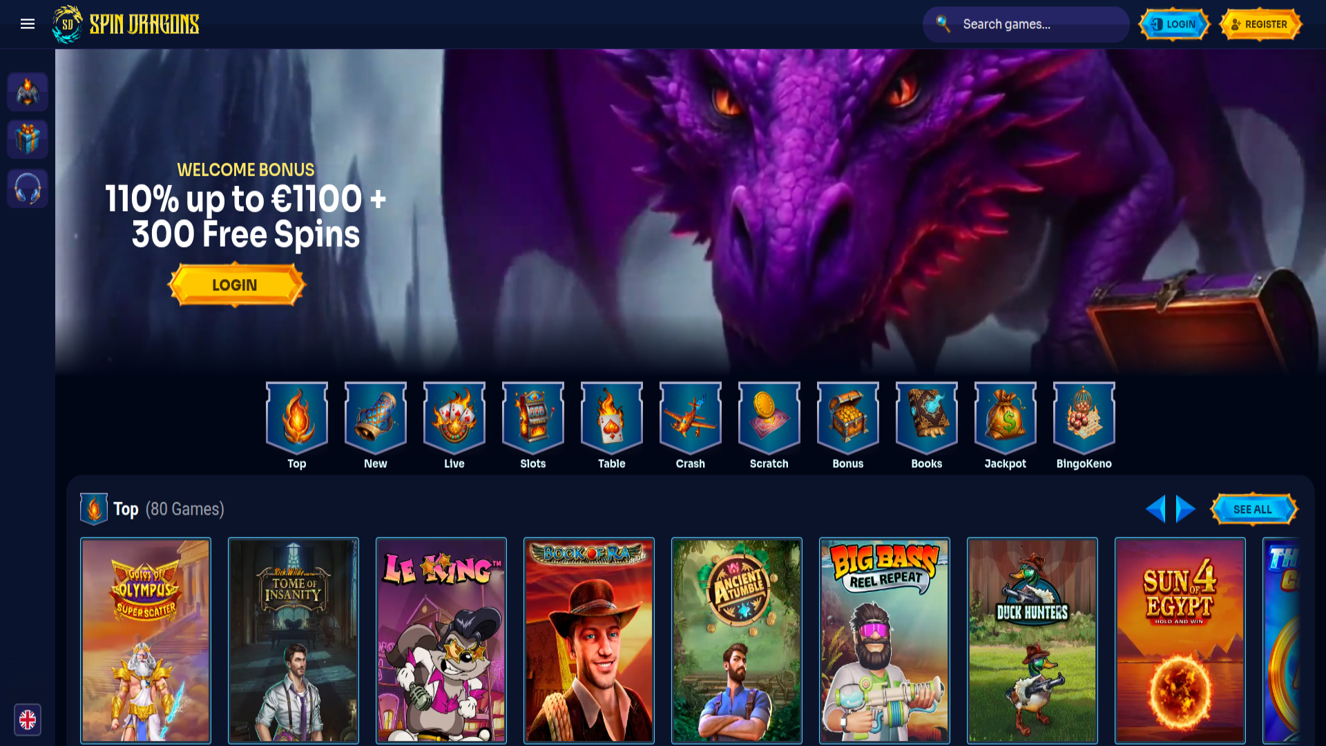 SpinDragons Casino Homepage Desktop