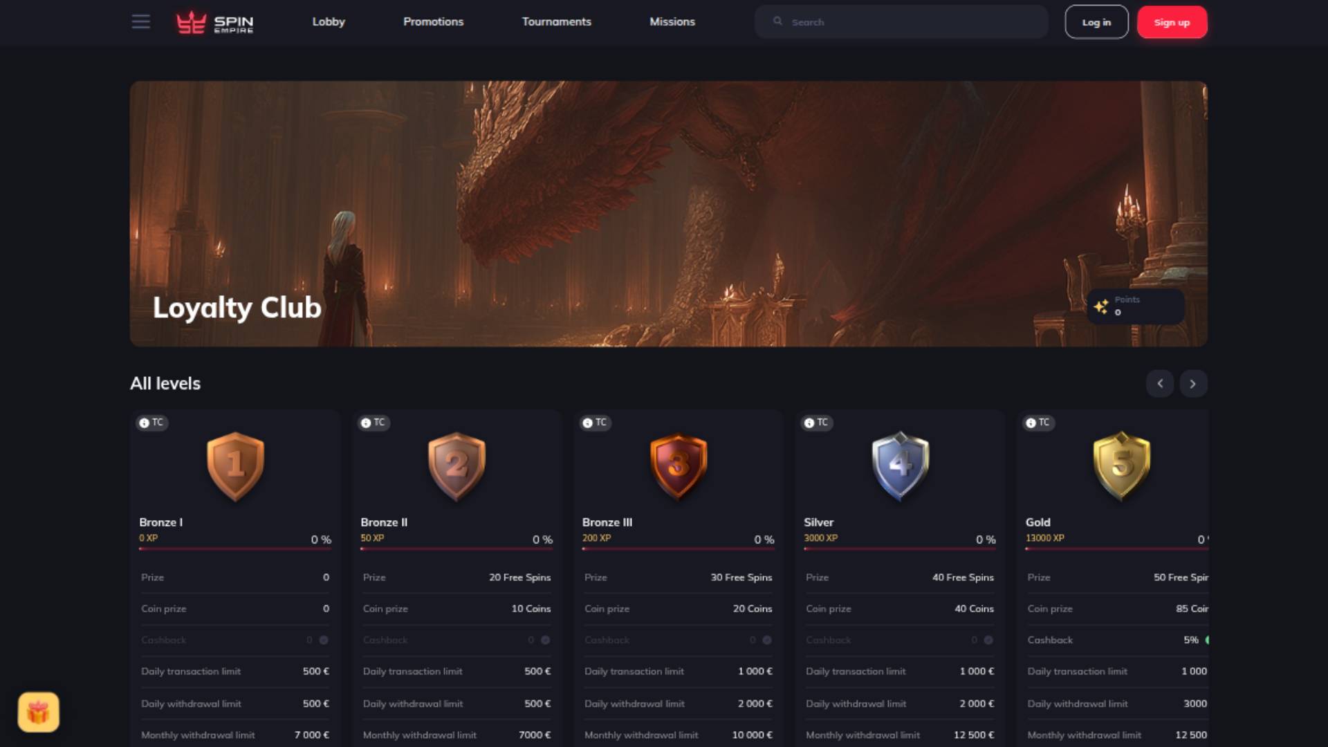 Loyalty program page of SpinEmpire Casino