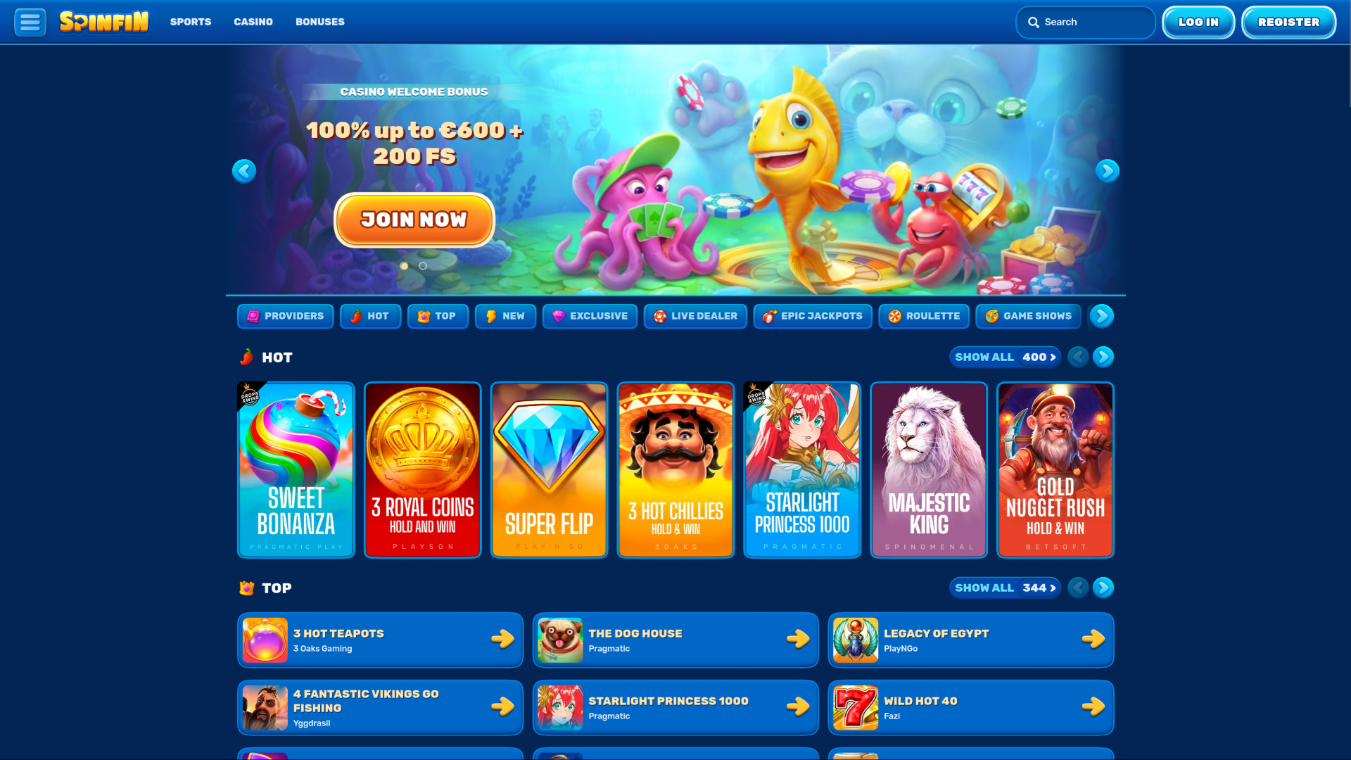Spinfin Casino Desktop Homepage