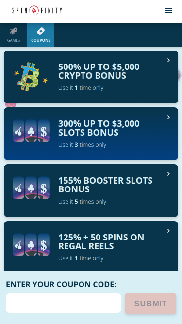 Spinfinity Casino Mobile Promotions