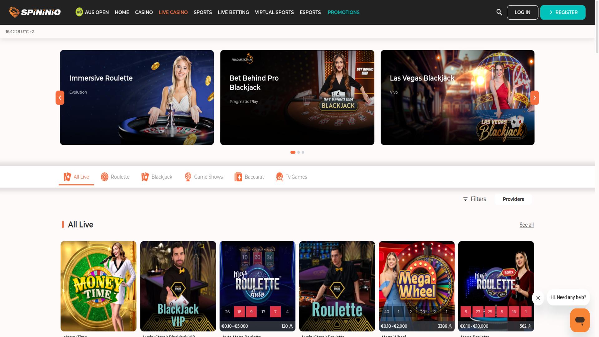 Spininio Casino live dealer page