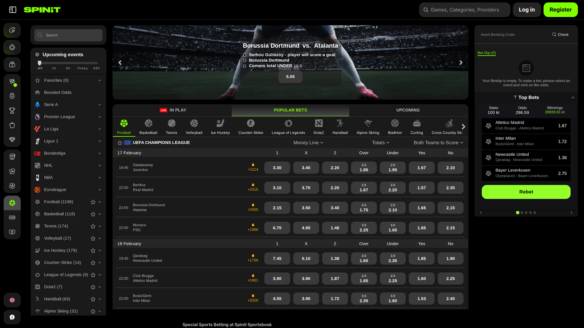 Spinit.com Casino Desktop Sports