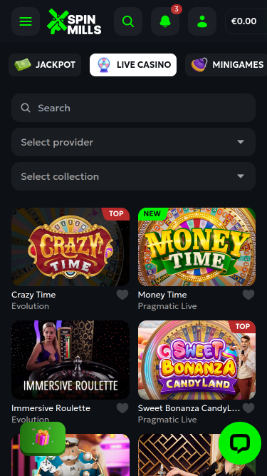 Spinmills Casino Mobile Live Dealer