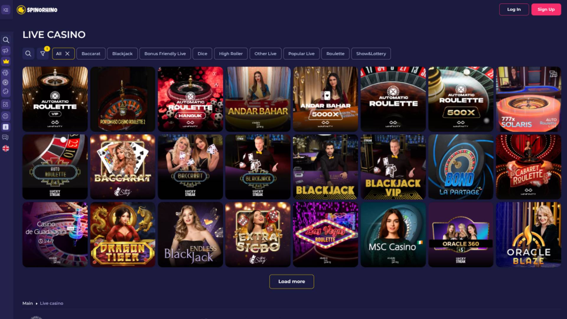 Live page screenshot of Spinorhino Casino