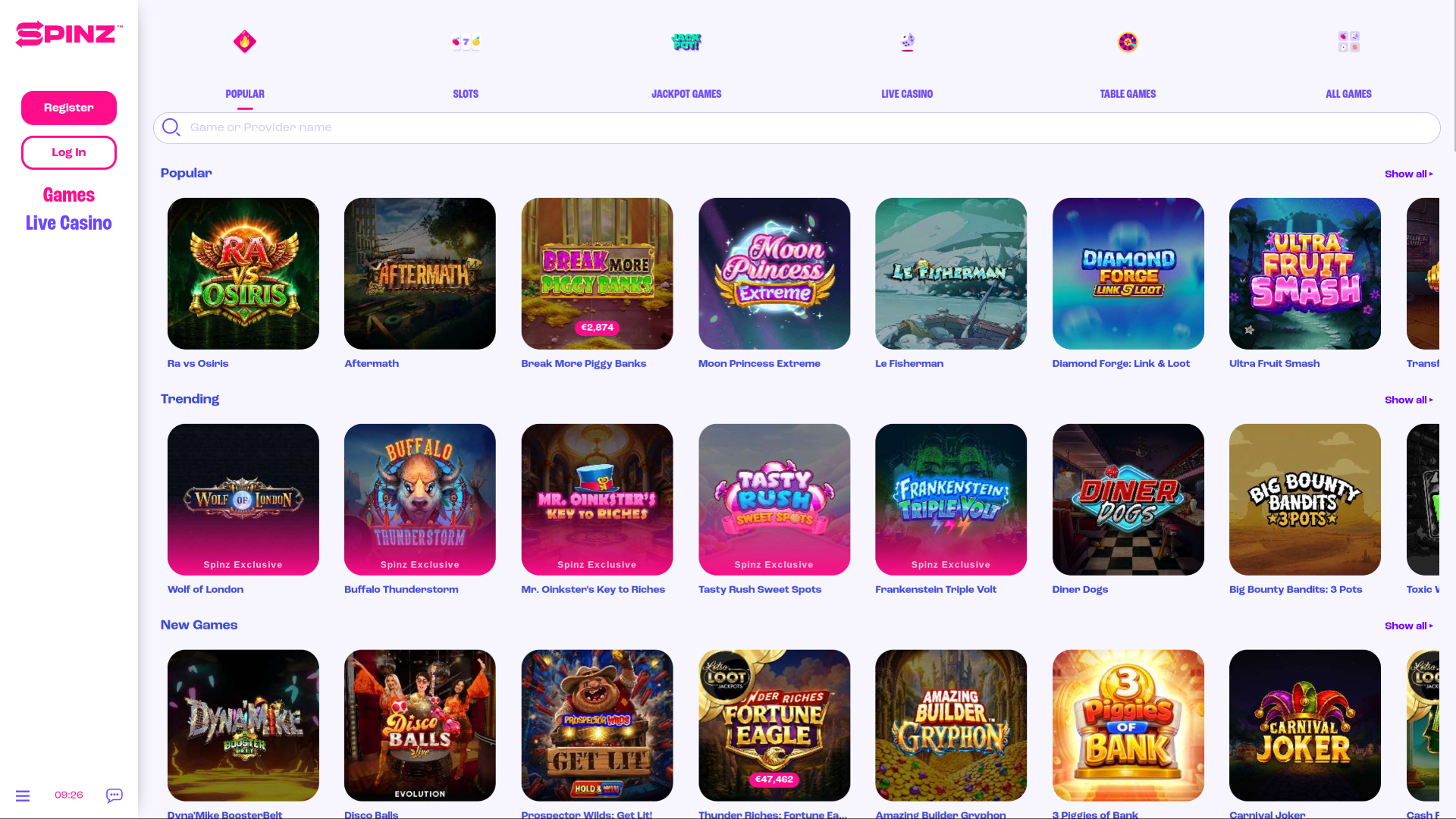 Spinz Casino Desktop Games