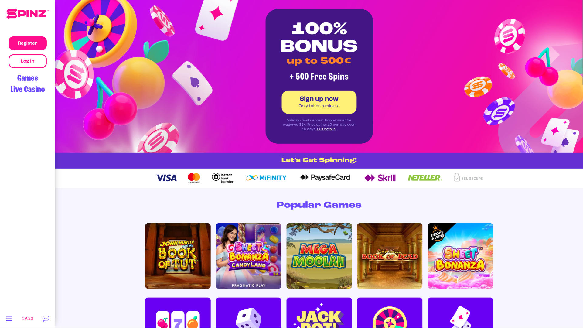 Spinz Casino Desktop Homepage