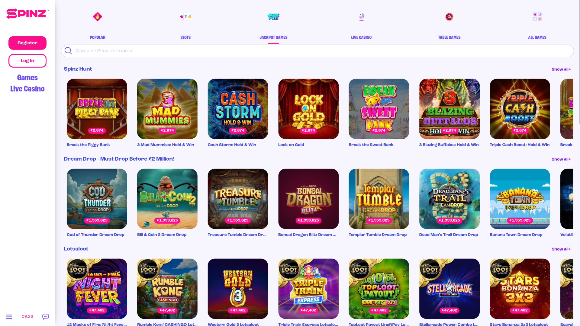 Spinz Casino Desktop Jackpot